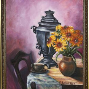 "Samovar ja päevakübarad", õli, 2017, 57x66